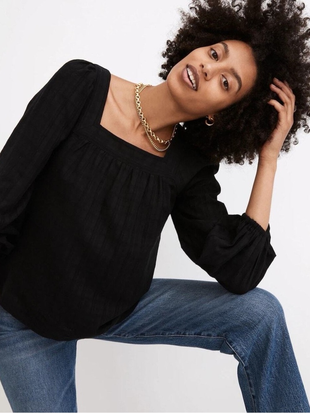 Madewell Black Square-Neck Long Sleeve Peasant Blouse - Women